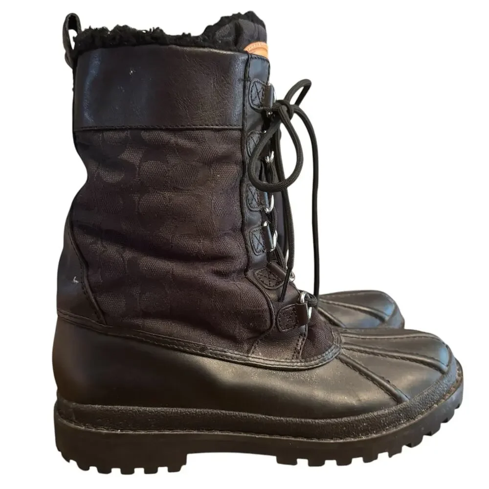 Coach Signature Logo Black Size 7 Laura Lace Up Sherpa Lined Snow Boots